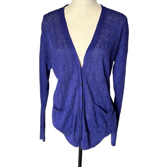 J Crew Cardigan Linen Indigo Purple Cable Knit V Neck Button Front Cozy Layering - Picture 1 of 5